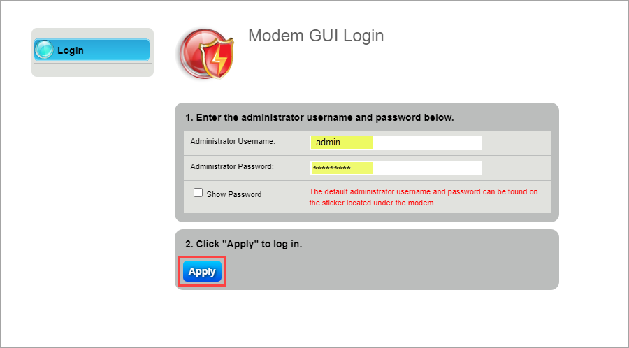 Log in screenshot for modem settings GUI