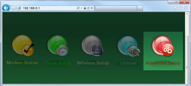 Advanced setup menu in the modem GUI