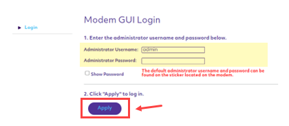 Screenshot of SmartNID sign-in - Modem GUI username and password