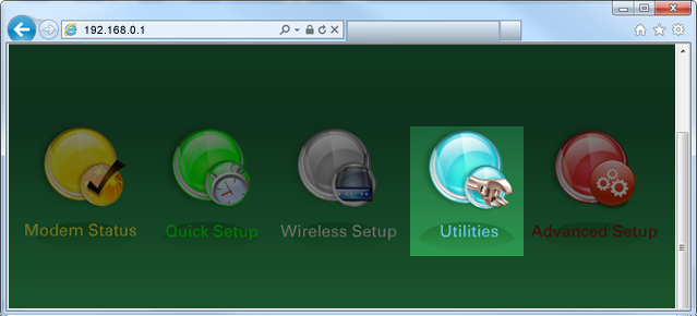 Utilities menu in the modem GUI