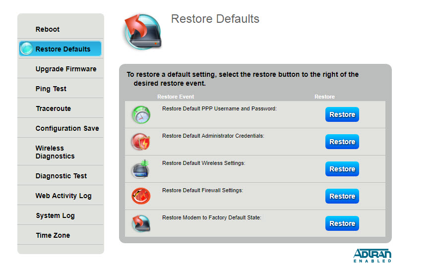 Modem utilities - Restore defaults options