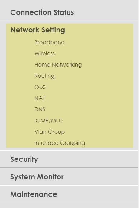 Zyxel modem settings - Network Settings menu