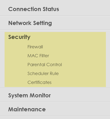 Zyxel modem settings - Security menu
