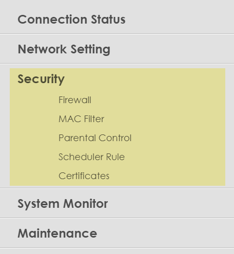 Configuración del módem Zyxel: Menú de seguridad