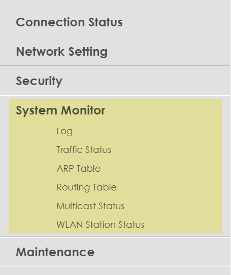 Zyxel modem settings - System Monitor menu