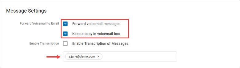 screenshot from Connected Voice portal showing message settings, with voicemail to email options outlined