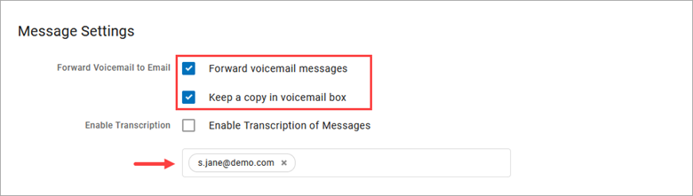 Captura de pantalla de las configuraciones para administrar el email en Connected Voice