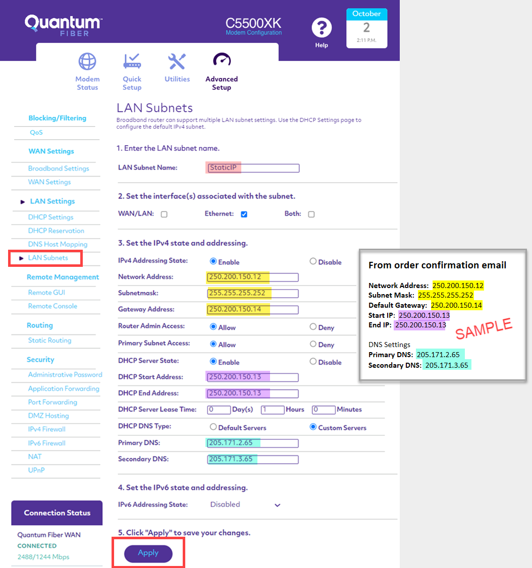 SmartNID static IP setup, screenshot of single static IP address