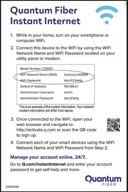 Etiqueta de Instant Internet de Quantum Fiber con SSID y contraseña
