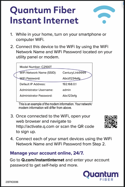 Quantum Fiber Instant Internet sticker with SSID and password