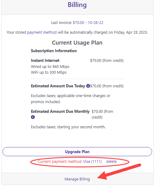 captura de pantalla de la página de facturación de Instant WiFi de Quantum Fiber