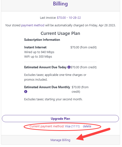 screenshot of Quantum Fiber Instant WiFi billing page