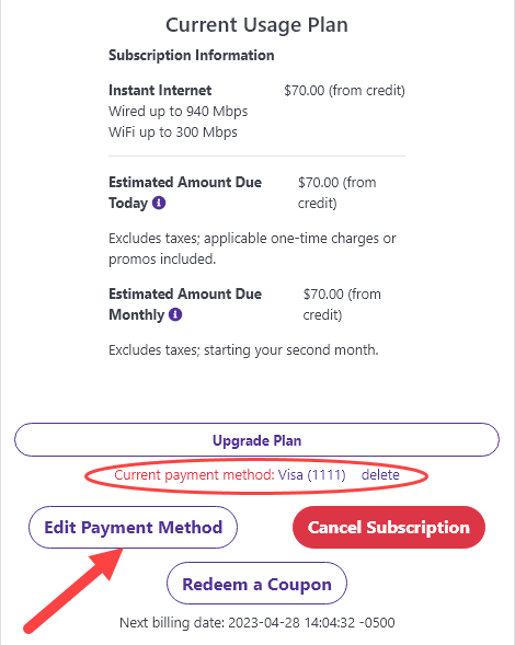 screenshot of Quantum Fiber Instant WiFi current payment method