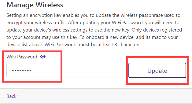 Página de dispositivos de Instant WiFi que muestra la contraseña de Wi-Fi