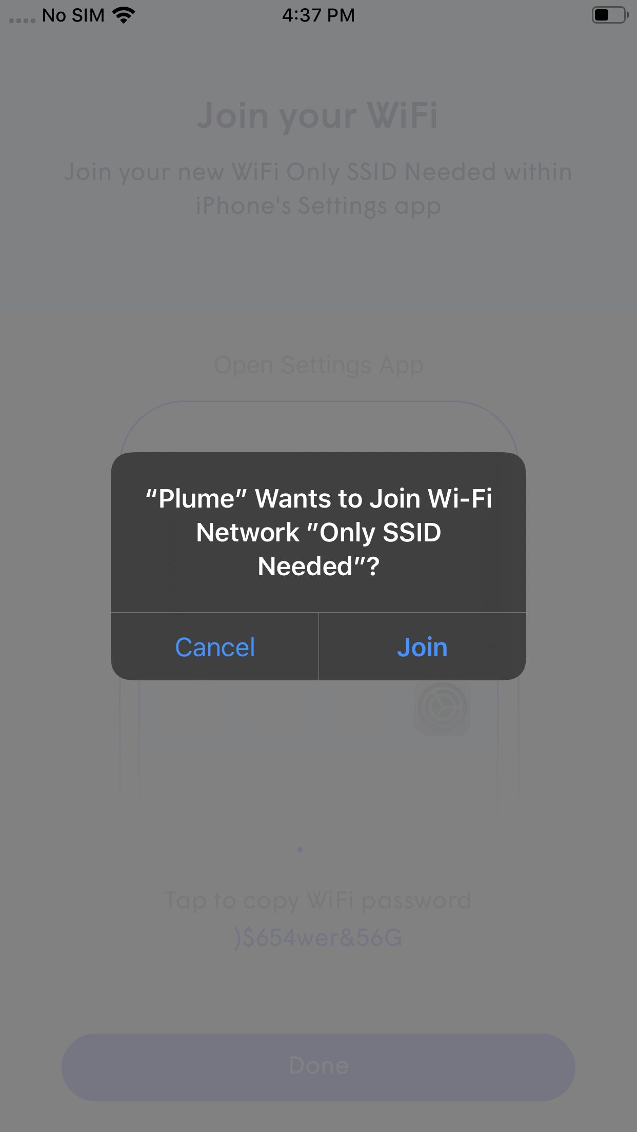 360 WiFi setup app, join WiFi network screen