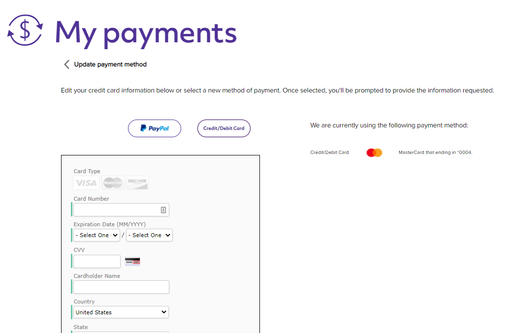 Quantum Fiber account screenshot - Update payment method