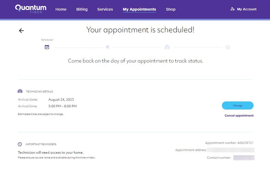 Screenshot of My Appointments screen, appointment scheduled