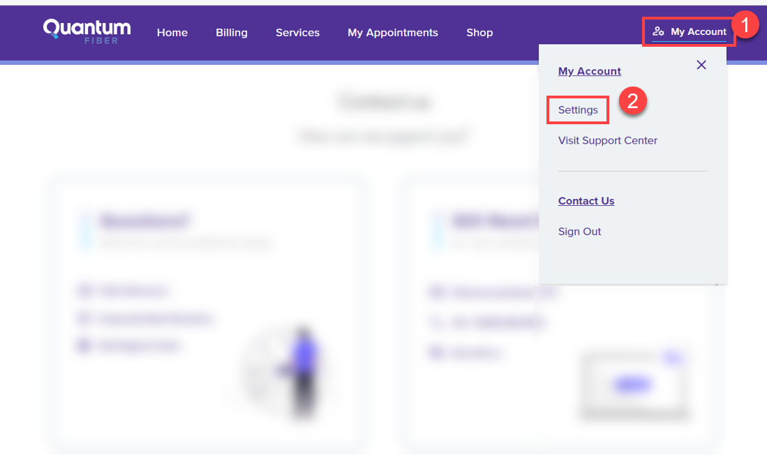 Quantum Fiber online account, steps to open settings