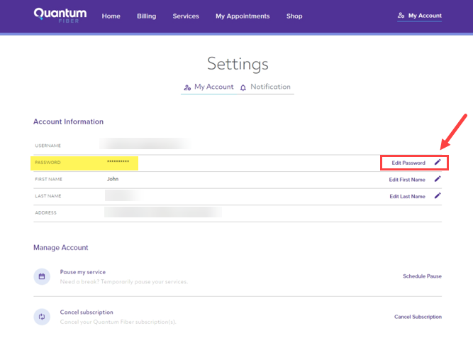 Quantum Fiber account portal, edit password in settings