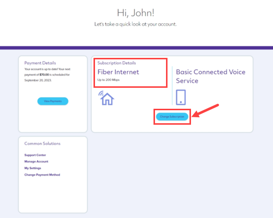 Quantum Fiber account home dashboard showing subscription