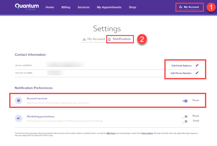Captura de pantalla del portal de la cuenta en línea, que muestra las configuraciones de preferencias de notificación