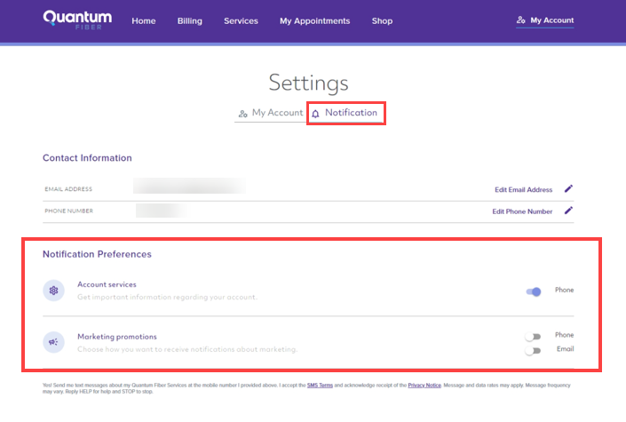 Quantum Fiber account screen showing communication preferences
