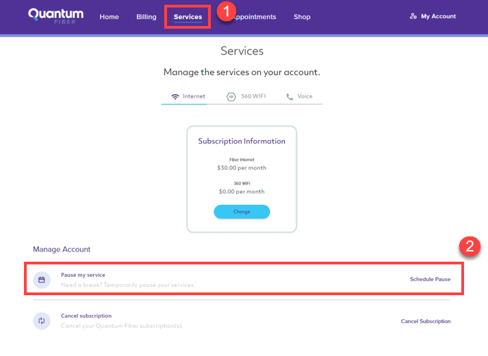 Quantum Fiber account manage products - pause service