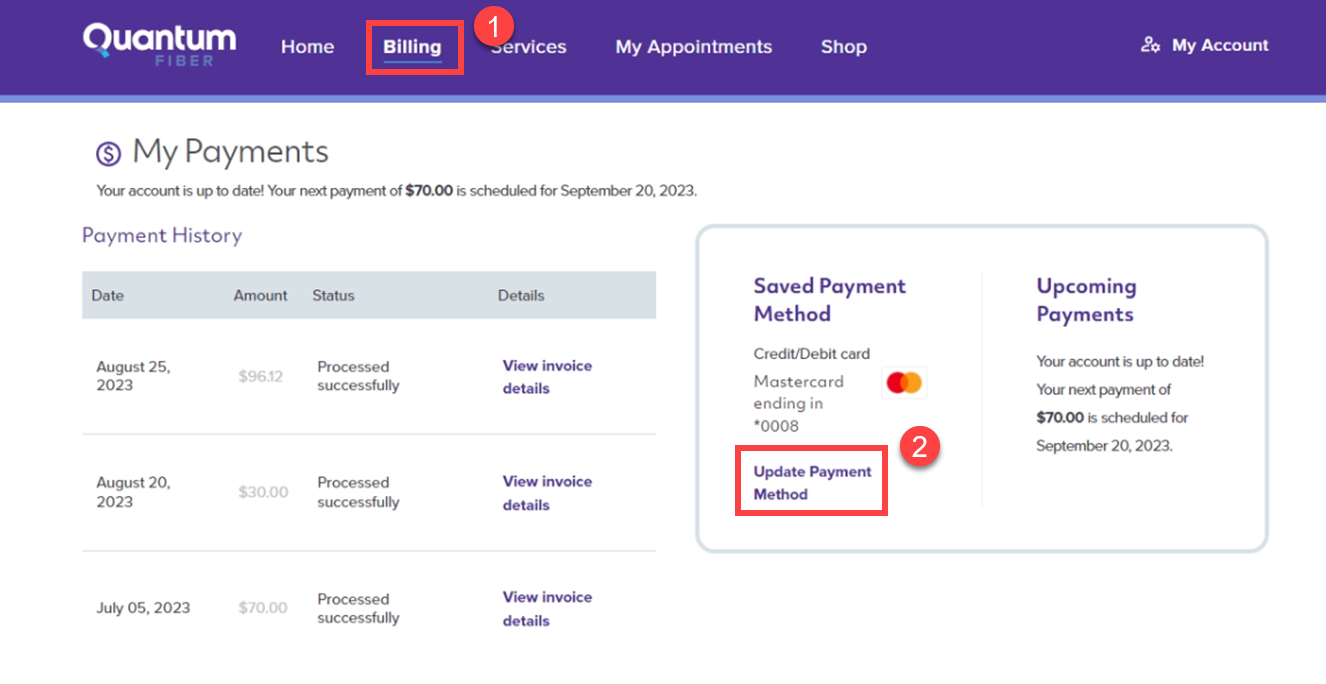 Quantum Fiber account home screen showing payments options