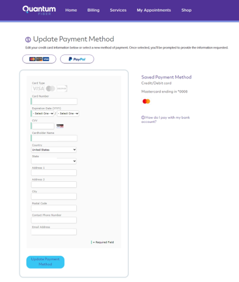 Quantum Fiber website update payment information form