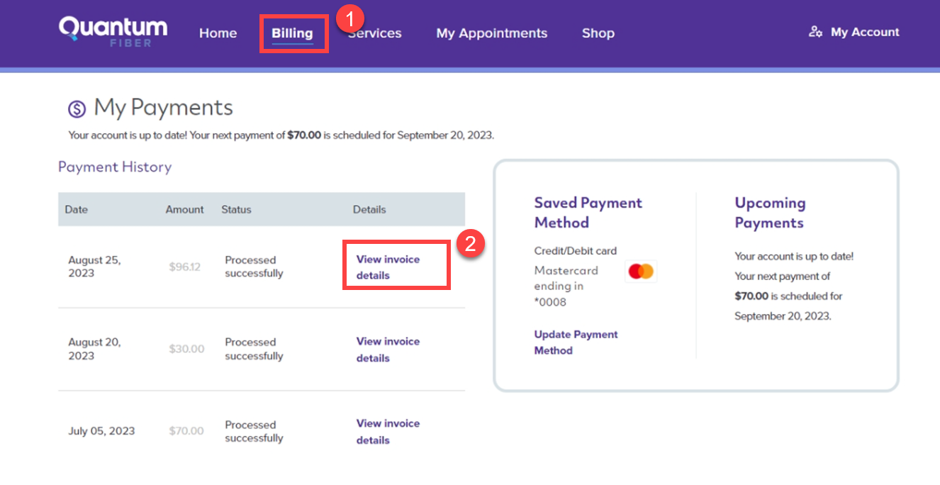 Quantum Fiber account, Billing screen