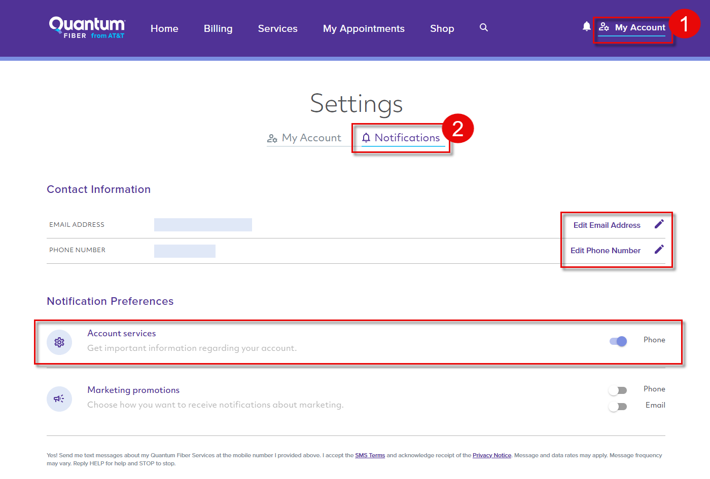 Screenshot of the online account portal, showing notification preferences settings