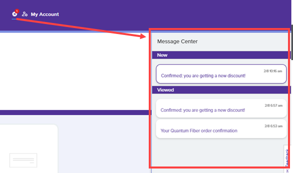 Lista de notificaciones del centro de mensajes en el portal de cuenta de Quantum Fiber