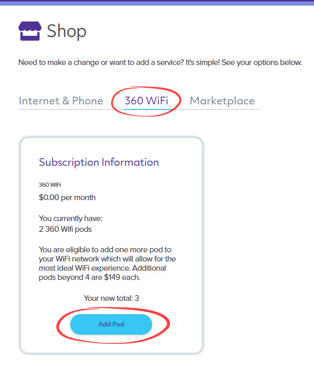 Página de compra de 360 WiFi de Quantum Fiber, agregar un pod