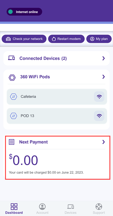 Home screen of the Quantum Fiber app showing the Next Payment section