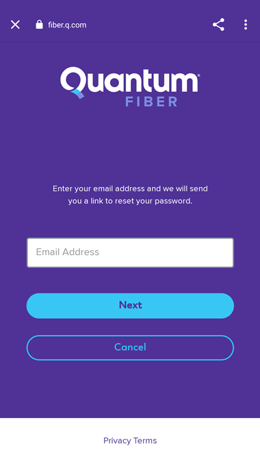 Aplicación Quantum Fiber "Revisa tu email" para restablecer la contraseña