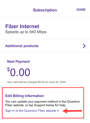 Quantum Fiber app Subscription screen showing Edit billing information