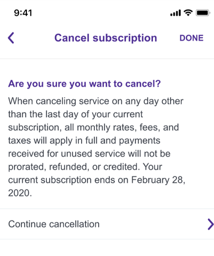 Quantum Fiber app Cancel subscription screen