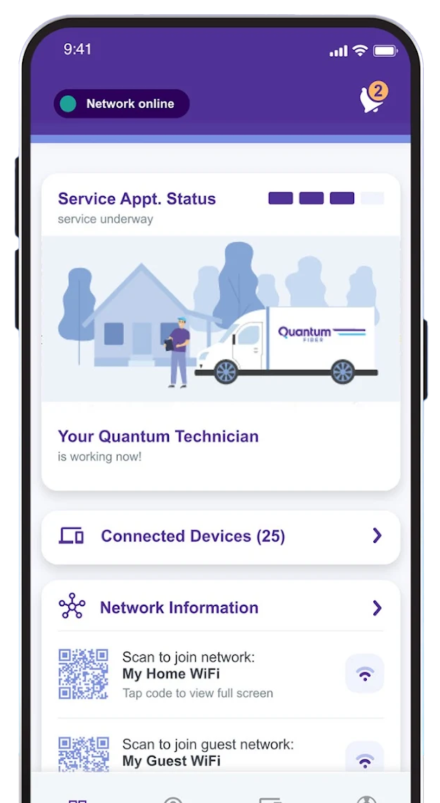 Quantum Fiber app, dashboard screen