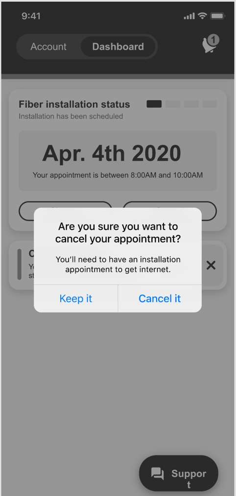 Quantum Fiber app 'Are you sure you want to cancel your appointment?'