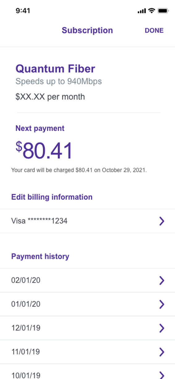 Quantum Fiber app screenshot of Subscription screen with Payment history