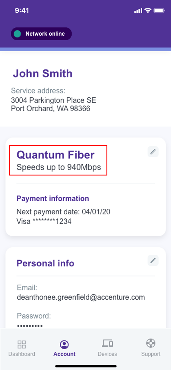 Quantum Fiber app Account screenshot showing plan speed