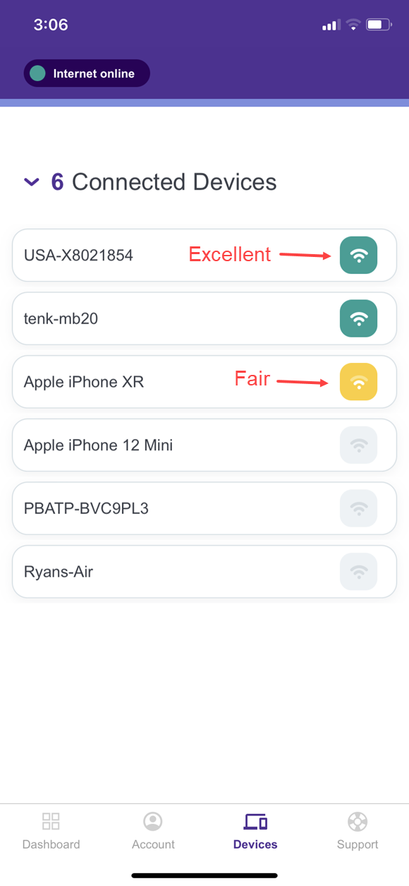 Screenshot of connected devices screen in Quantum Fiber app