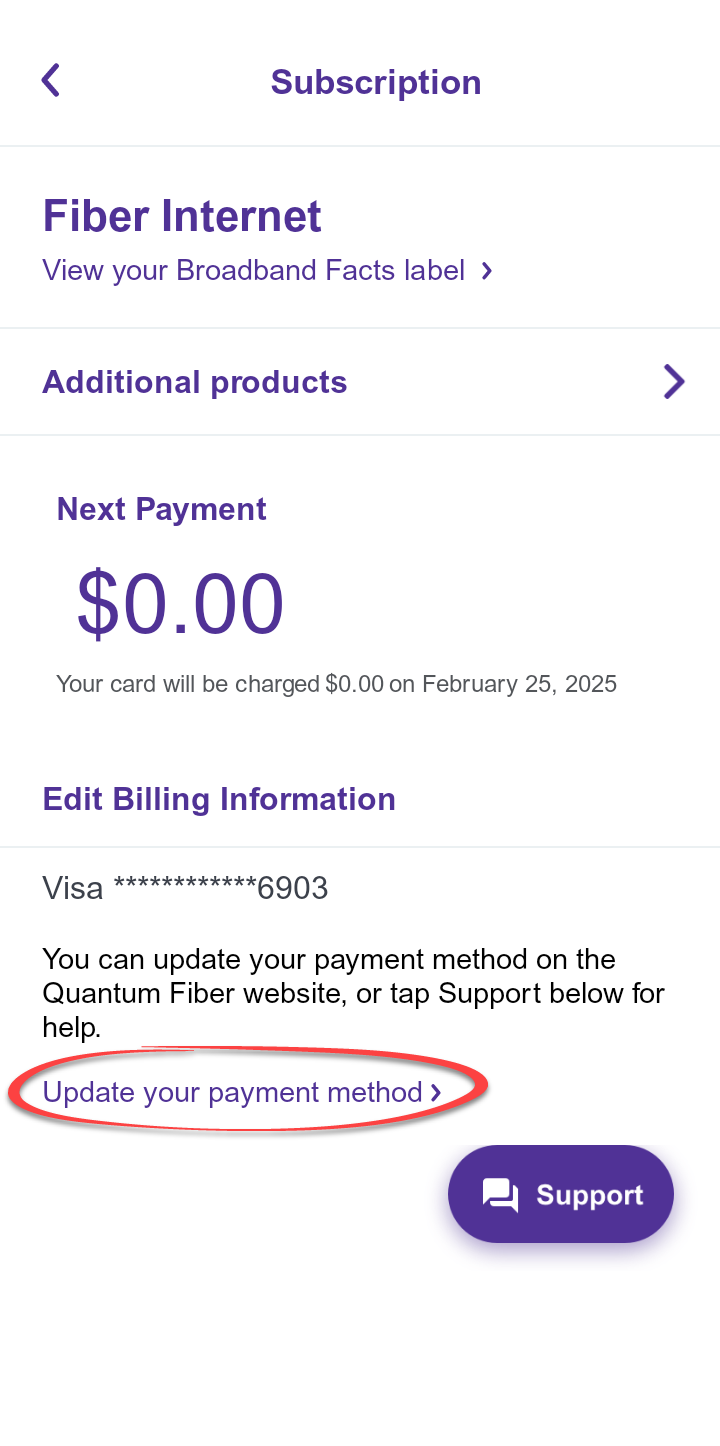 Pantalla Suscripción de la aplicación Quantum Fiber que muestra la opción Editar información de facturación