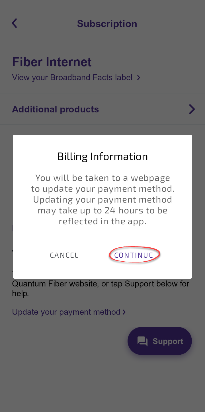 Actualización de la aplicación de Quantum Fiber: pago, continuar al portal emergente