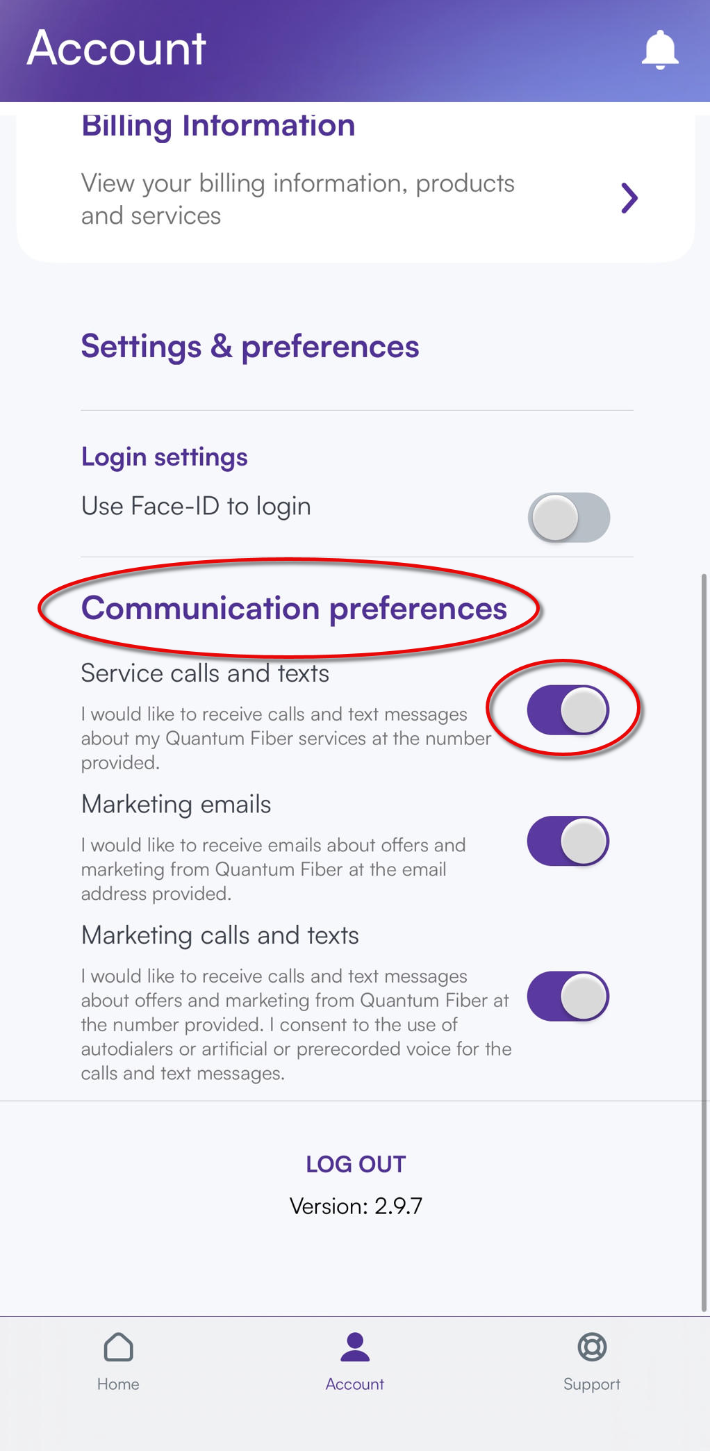 Communication preferences in the Quantum Fiber app