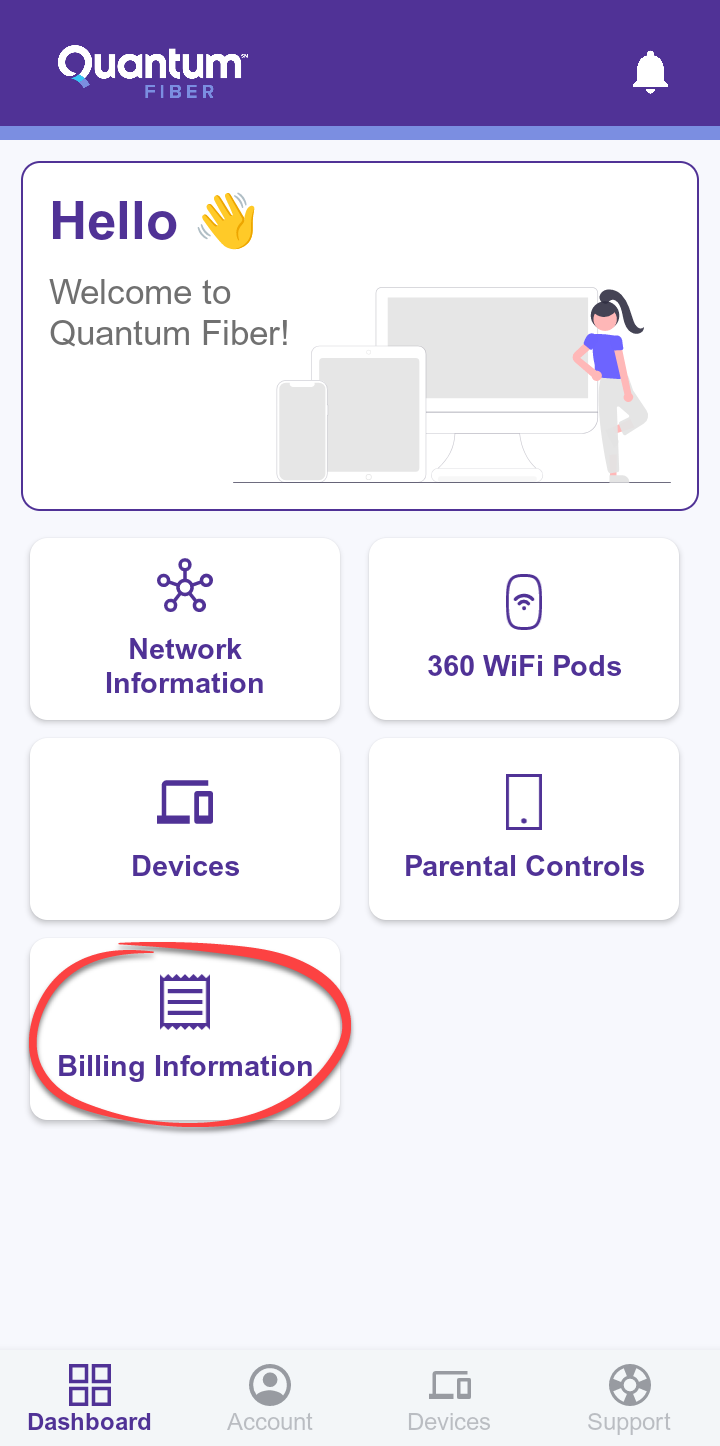 Pantalla de inicio de la aplicación de Quantum Fiber que muestra Facturación