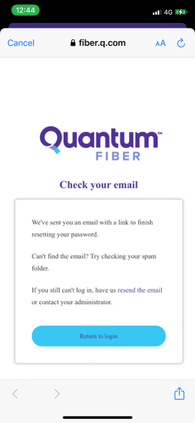 Quantum Fiber app 'Check your email' for password reset