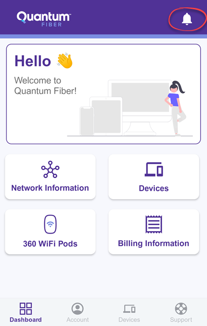 Captura de pantalla de la aplicación Quantum Fiber que muestra el ícono de campana