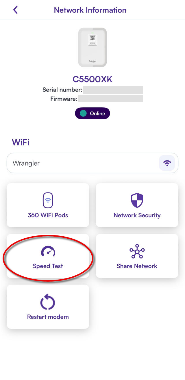 App network information screen, showing button to check speed to device