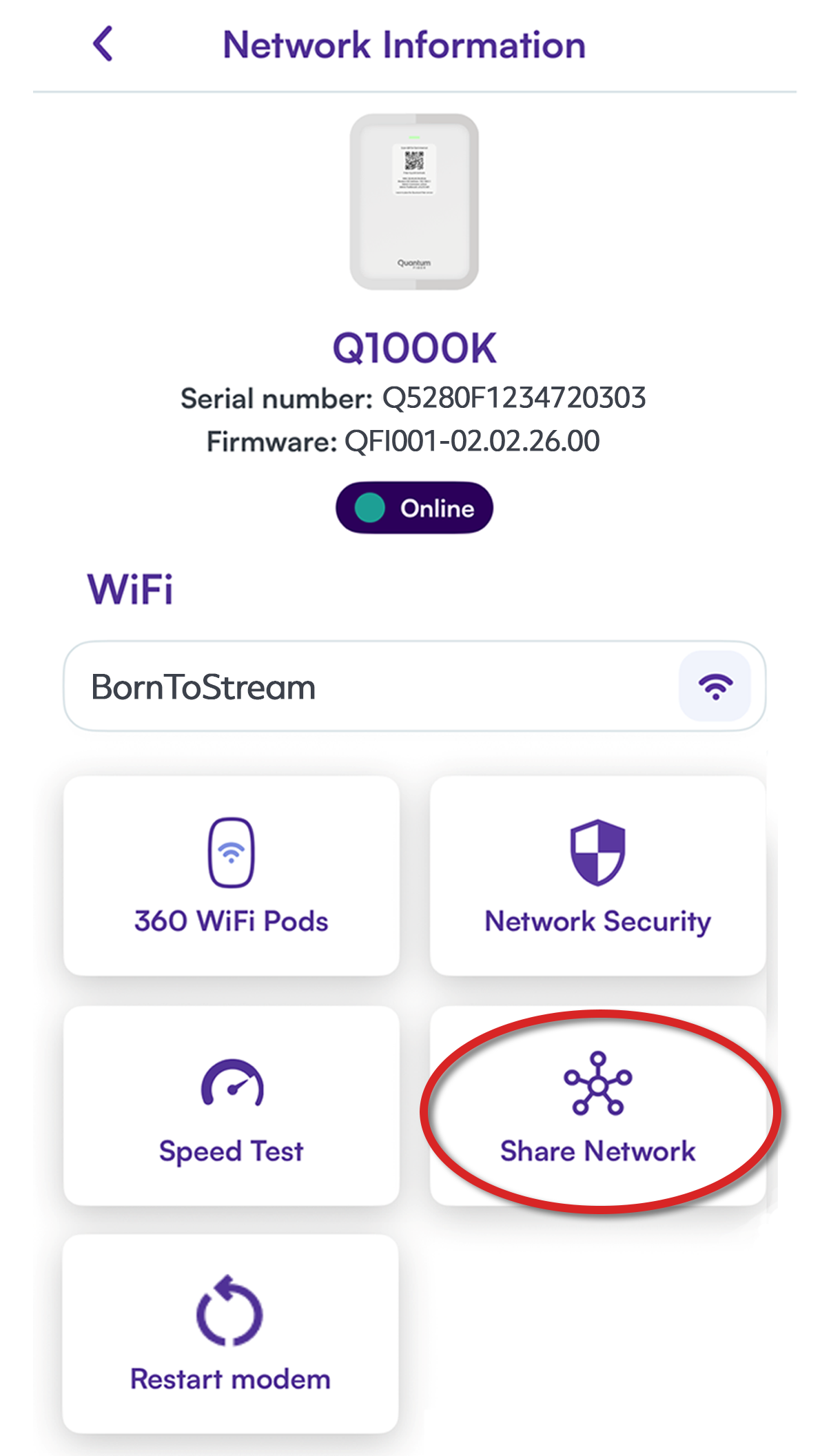 Quantum Fiber app screenshot, network information screen showing share network tile